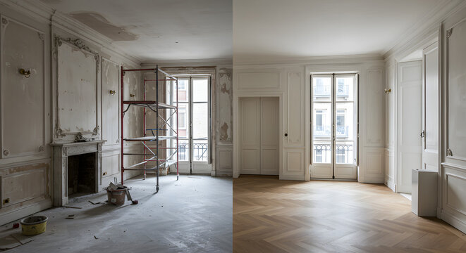 Elegant parisian apartment undergoing renovation from dusty construction to pristine finished interior