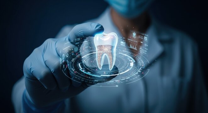 Woman dentist with face mask and glove examining virtual tooth. Concept of innovative digital dentistry.