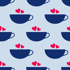 Seamless tea party pattern. Blue cups with red hearts on a blue background. Vector illustration in bright colors in a flat style