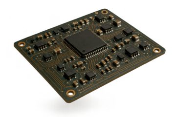 Electronic circuit board with chip isolated on transparent background