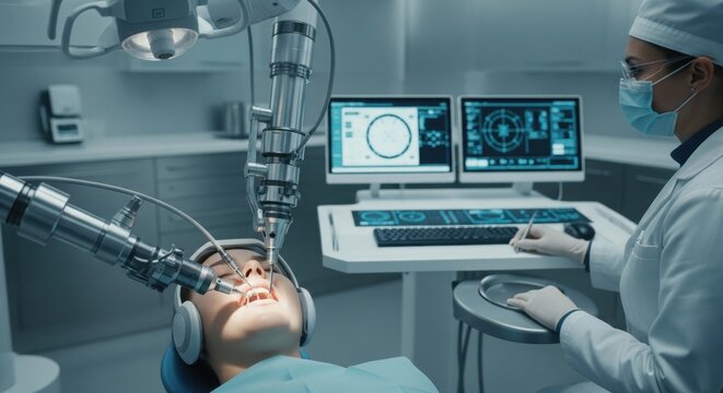 Woman receiving robotic dental treatment, with a female dentist monitoring the process on computers. Innovative dentistry and high tech medical advancements concept.