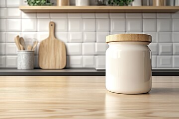 Creating a cozy kitchen atmosphere with natural decor and a charming glass jar on a wooden countertop