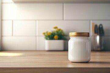 White jar filled with creamy goodness sits on a wooden kitchen counter next to a vibrant flower pot