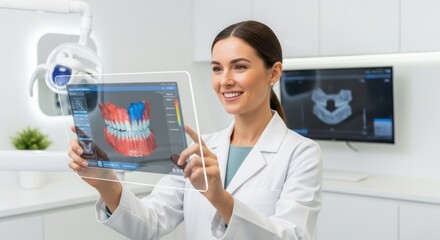 Woman dentist examines 3d tooth model on transparent screen. Modern holographic dentistry technology for dental care.