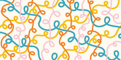 Colorful wavy lines seamless vector illustrations. Sketch style doodle colorful shapes and lines on white background for concept