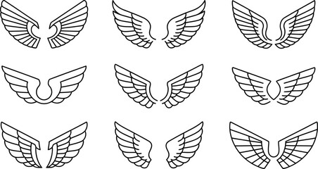 Nine vector line art winged emblem designs; classic style.