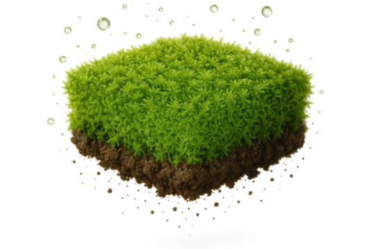 Vibrant green moss on a block of soil, isolated on transparent background.