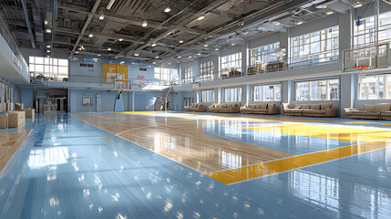 Indoor basketball court with blue and yellow markings and wooden floor in spacious gymnasium filled with natural light and seating area