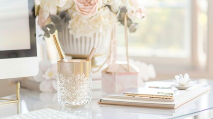 A chic and feminine home office featuring a personalized gold foil print and a crystal pen holder.