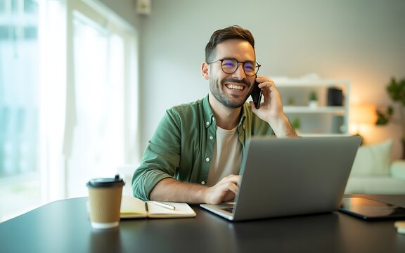 Happy man working remotely from home, talking on phone while using laptop and enjoying coffee.