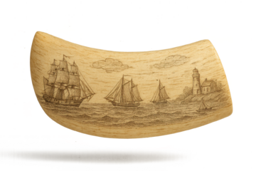 Scrimshaw Art featuring Sailing Ships and a Lighthouse, Isolated on Transparent Background.