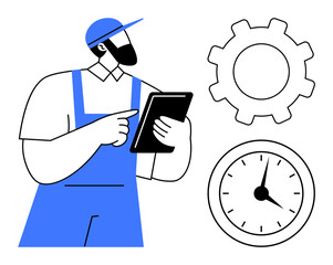 Worker in blue overalls uses a tablet beside gear and clock graphics, symbolizing technology, organization, and productivity. Ideal for industry, labor, time management, planning, efficiency