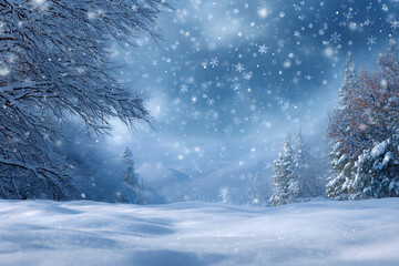 Serene Winter Wonderland Snow Falling on Snowy Trees and Hills Blue Sky Background snowfall snowflakes