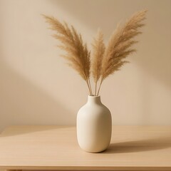 Modern ceramic vase decor with dried grass on light table