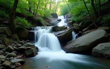 Obraz premium Impressive natural scenery of a forest waterfall surrounded by foliage and stones. High quality