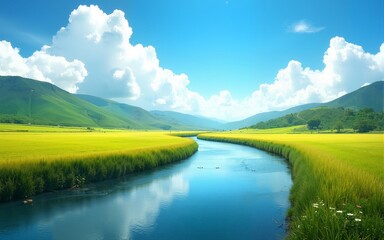 Obraz premium Sunny summer landscape with river,fields,green hills and beautiful clouds in blue sky. High quality
