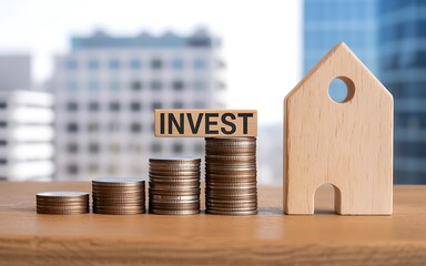 Real estate investments and financial growth illustrated with stacks of coins and a wooden house in front of city buildings.