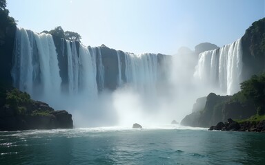 Fototapeta premium Waterfalls, great Iguasu waterfalls seen from the boat bind the fog and splashes of falling water. High quality