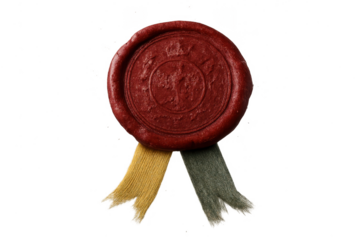 Royal red wax seal with ribbons isolated on transparent background, elegant