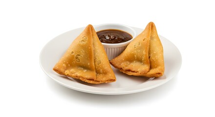 Delicious samosas with chutney on a white plate indian cuisine savory snack fried food appetizer street food