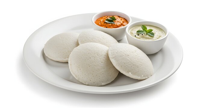 Delicious idli sambar south indian breakfast served with chutney on white plate healthy and tasty food