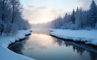Fototapeta premium winter landscape with beautiful reflection in the water. High quality