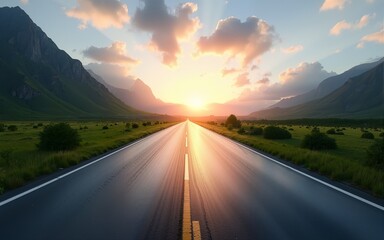 Asphalt road square and green mountain with sky clouds natural landscape at sunrise : Generative AI. High quality