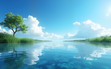 Fototapeta premium Water Sky Cloud Plant Azure Natural landscape. High quality