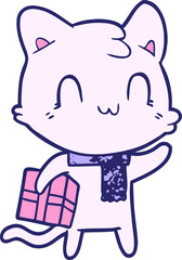 cartoon happy cat wearing scarf in bright neon color