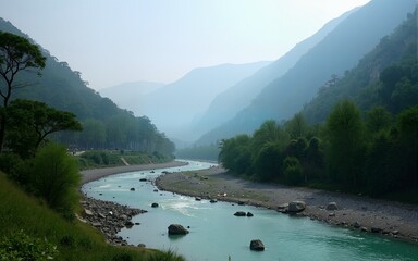 A serene view of the natural landscape of Harsil Valley, seated on the bank of River Bhagirathi. High quality