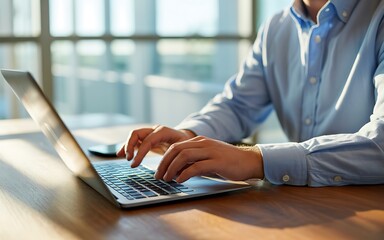 Male employee working on a laptop, typing on the keyboard in a bright office setting during the daytime hours.