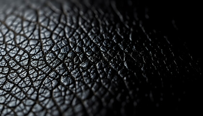 A macro shot of black leather with subtle texture patterns, enhanced by dramatic side lighting.