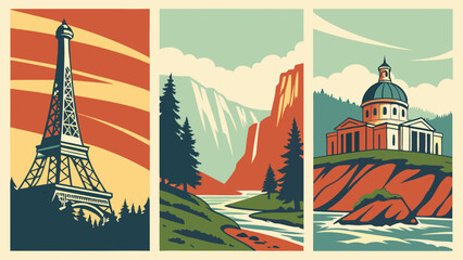 Fototapeta premium Retro Vector Travel Posters of Scenic Natural Landmarks with Textured Gradients & Bold Typography