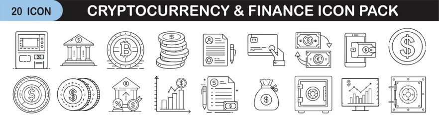 Outline icon set for cryptocurrency and finance - Linear icons representing digital finance and cryptocurrency concepts like coins, wallets, banks, charts, payments, security, and data mining.

