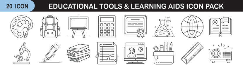Outline icon pack of educational tools and learning aids  - Linear icon set illustrating various school and learning essentials like books, calculators, microscopes, globes, backpacks, and lab equipme