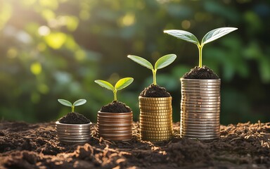 Seedlings emerge from coin stacks, representing financial growth and investment potential, nurtured by sustainable practices.