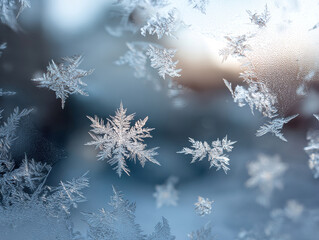 Close-up of various snowflakes in various stages, showcasing delicate, intricate patterns against a blurred background Depth of field emphasizes textures and creates a serene winter sc - AI-Generated