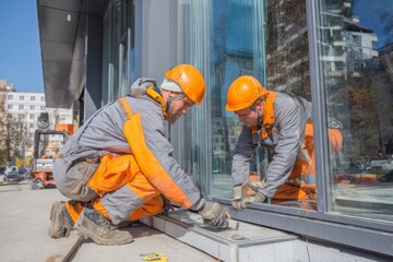 Builders installing glass windows together