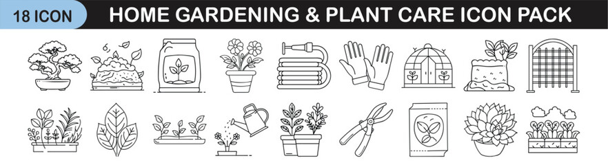 Home Gardening and Plant Care Icon Set for Green Living - Line icon pack of 18 illustrations featuring tools, plants, pots, seeds, and accessories used in home gardening and plant maintenance.
