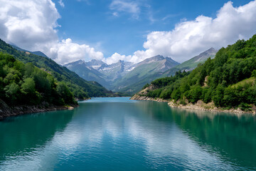 Turquoise Alpine Lake Surrounded by Lush Green Mountains under a Partly Cloudy Blue Sky Serene Landscape View