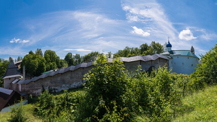 Fortress wall of the Holy Dormition Pskov-Pechersky Monastery, Pechory, Russia.