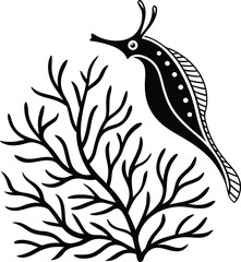 Obraz premium Stylized black silhouette of a seahorse amongst coral branches on a white background