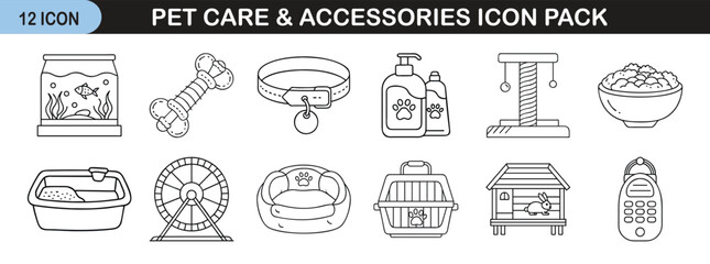 Pet Care and Accessories Icon Set for Animal Lovers - Line icon pack of 12 illustrations featuring pet care essentials such as collars, toys, grooming products, food, habitats, and accessories.
