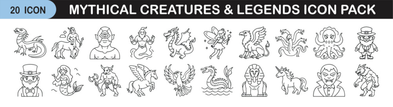 Mythical Creatures and Legends Icon Set for Fantasy Themes - Line icon pack of 20 illustrations featuring legendary creatures and folklore icons such as dragons, unicorns, mermaids, griffins, and mons