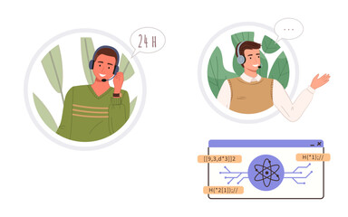 Customer service representative with headset assists client, team collaboration via video chat, scientific and technology elements. Ideal for communication, teamwork, technology, science, innovation