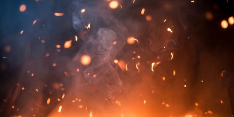 Dancing embers swirl through smoke creating a fiery abstract background perfect for textures and designs, warm and inviting.