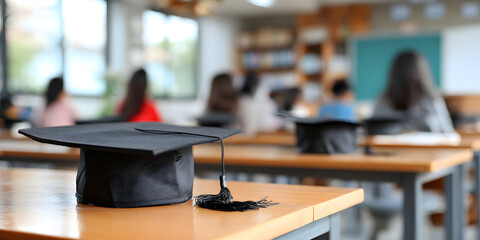 Graduation hats on desks in a classroom with students in the background