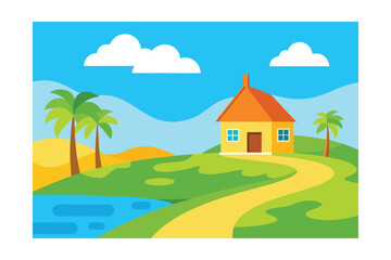 Obraz premium Cozy Yellow House Next To A Lake With A Palm Tree