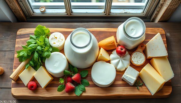 Fresh dairy products arranged on a rustic wooden board with natural lighting.