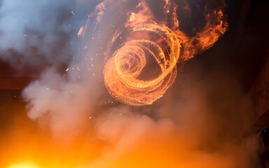 Captivating fire vortex with swirling flames and rising smoke against a dark background, showcasing fiery power.